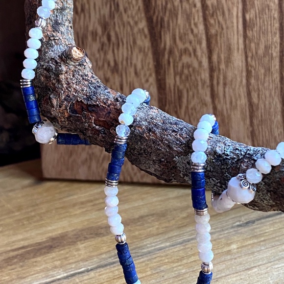 Genuine Moonstone + Lapis Lazuli Gemstone Necklace - Picture 6 of 10